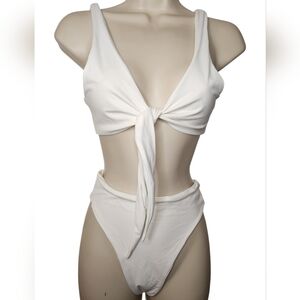 Four Three Seven White Bikini Set Tie Front Plunge Top High Cut Bottoms M/L